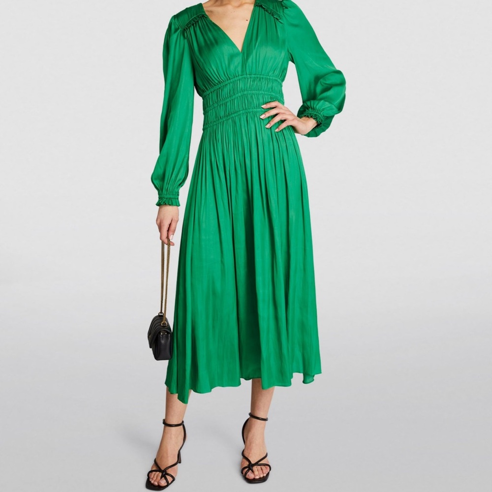 Maje Riannette Ruffle-Trim Smocked-Waist Midi Dress EU 38 Medium